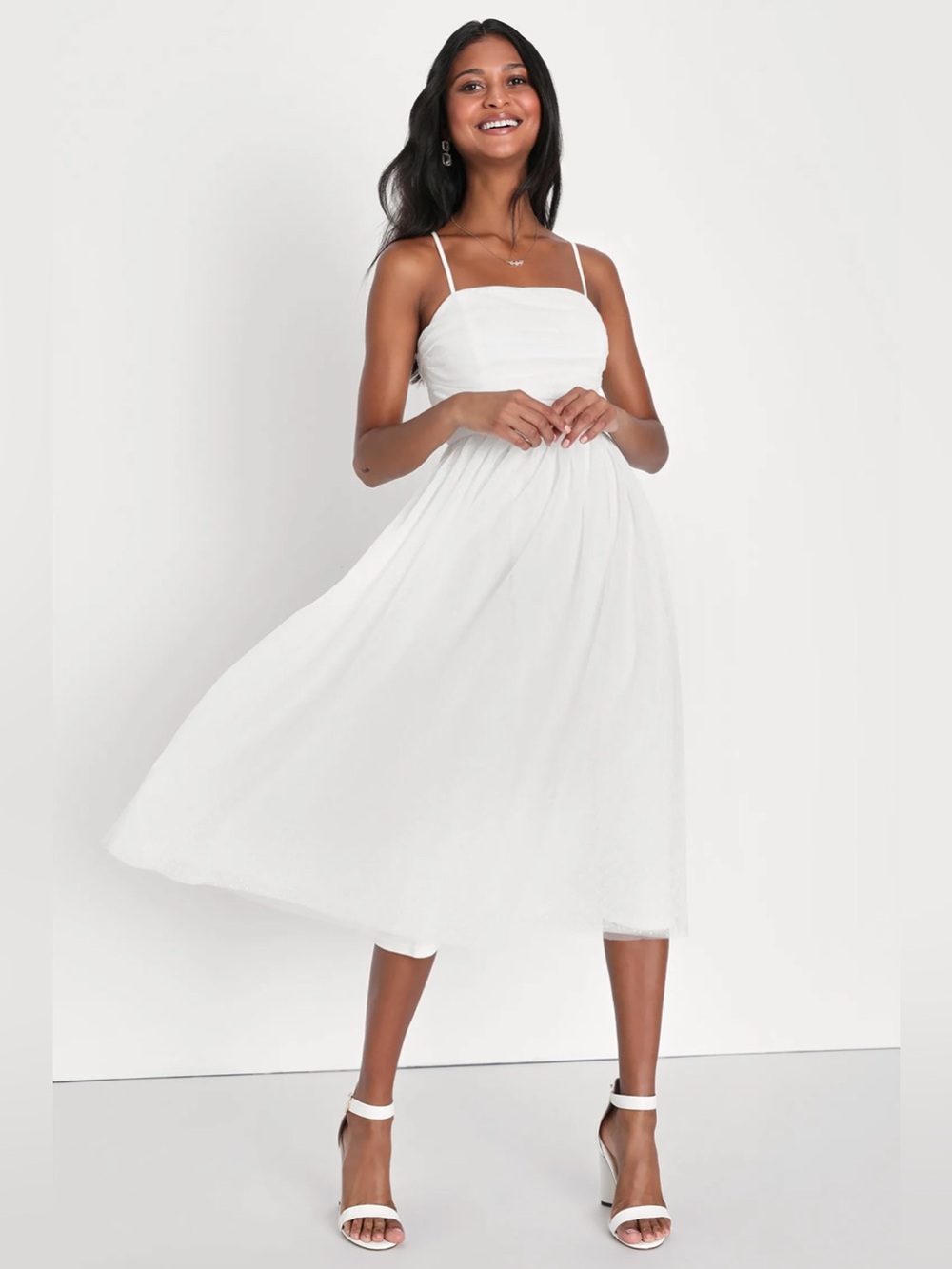 Lulus - Darling Sweetheart White Swiss Dot Ruched Midi Dress